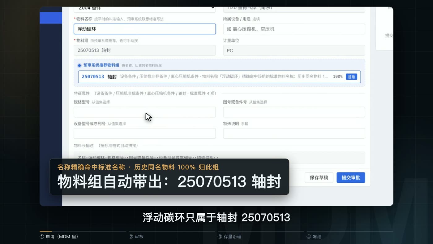 填写物料名称浮动碳环后，系统推荐物料组 25070513 轴封，把握度 100%